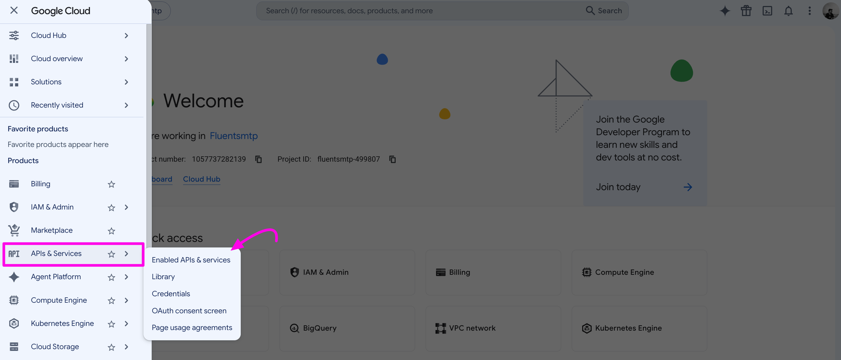 9. APIs & Services Sidebar Option