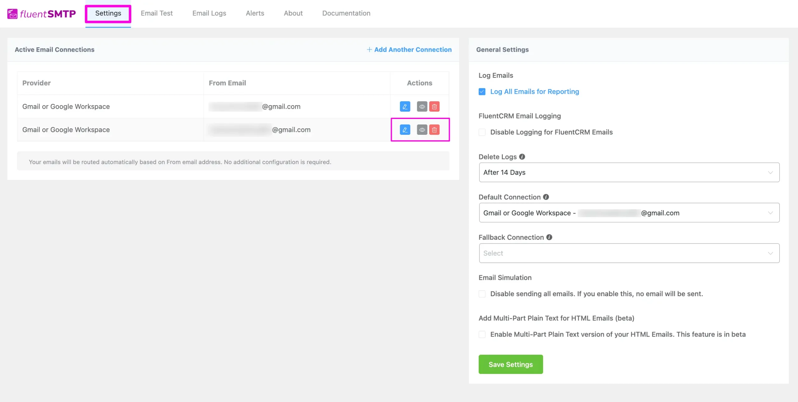 Three more settings under Action column of a specific email service provider
